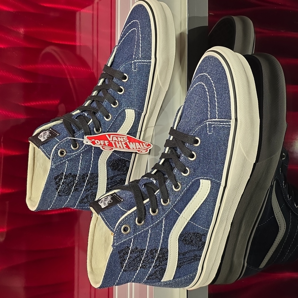 Sk8 Hi Tapered Denim Embroidery Navy White Magic Mushroom Mens 10 Womens 11.5